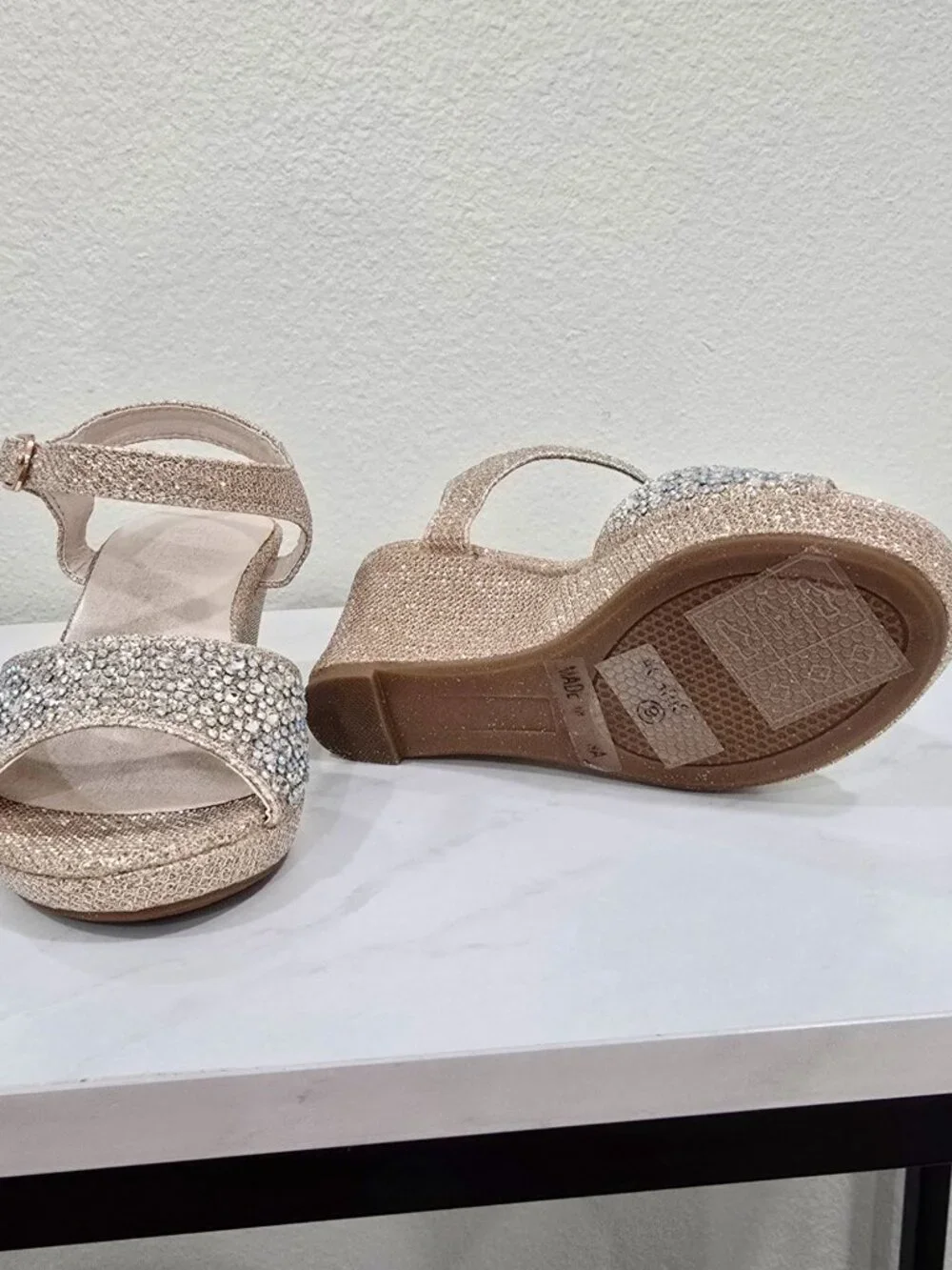 David’s Bridal ✦ Gold Glitter Wedge Sandal ✦ Rhinestones Adjustable Strap Heel 9